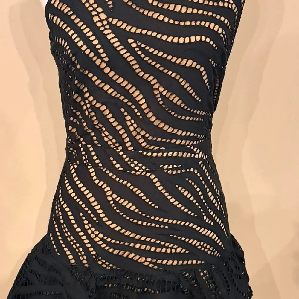 Michael Kors Dress Size 2 Black Zebra Eyelet Cotton Flounce Cutout Mini Nude
